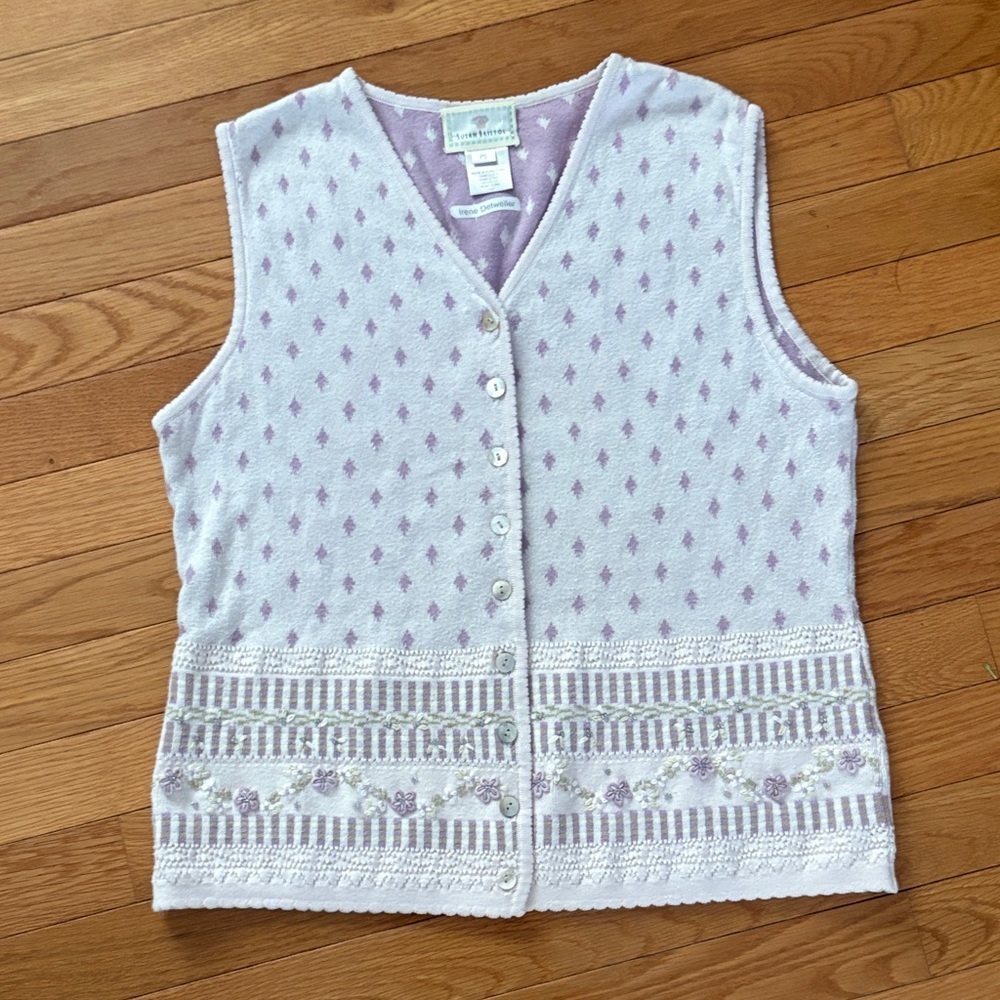 Susan Bristol White and Lavender Knit Button-Front Sweater Vest